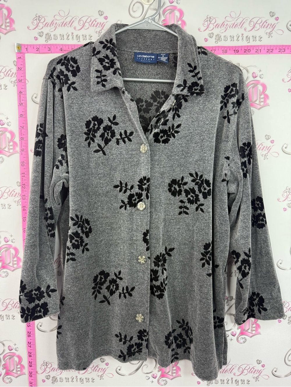 Liz Claiborne Gray Top with Black Floral Velvet Burnout